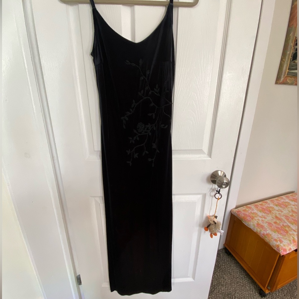 Navy Blue Velvet Floor Length Dress with floral beading